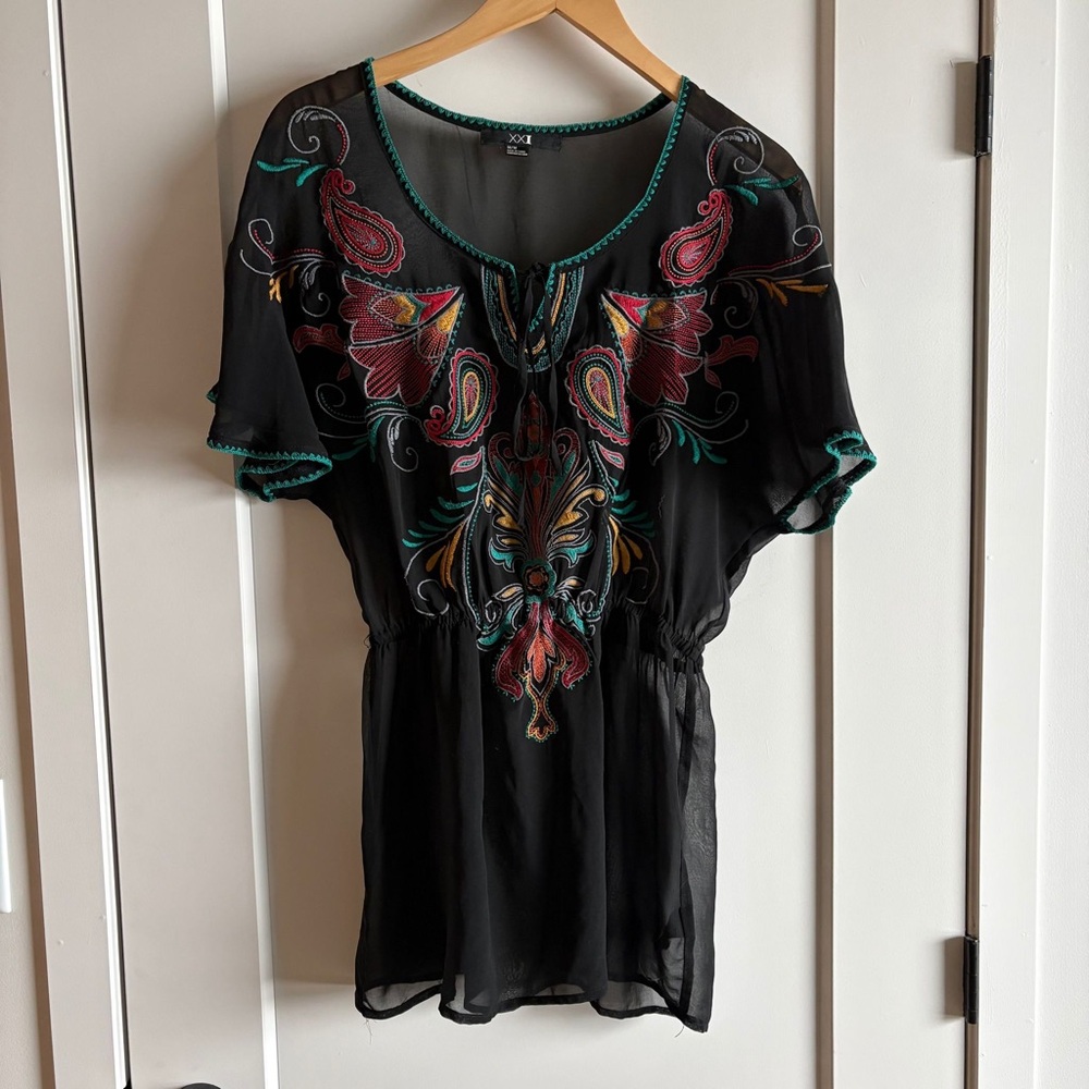 Black Sheer Embroidered Boho Tunic with Teal Trim - Swim coverup